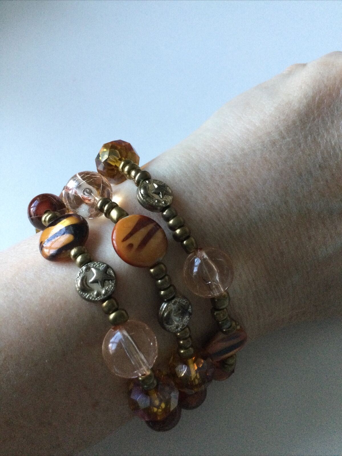 Set Of 3 Costume Expanding Bracelets. Amber And Brown Coloured Glass Beads. Boho