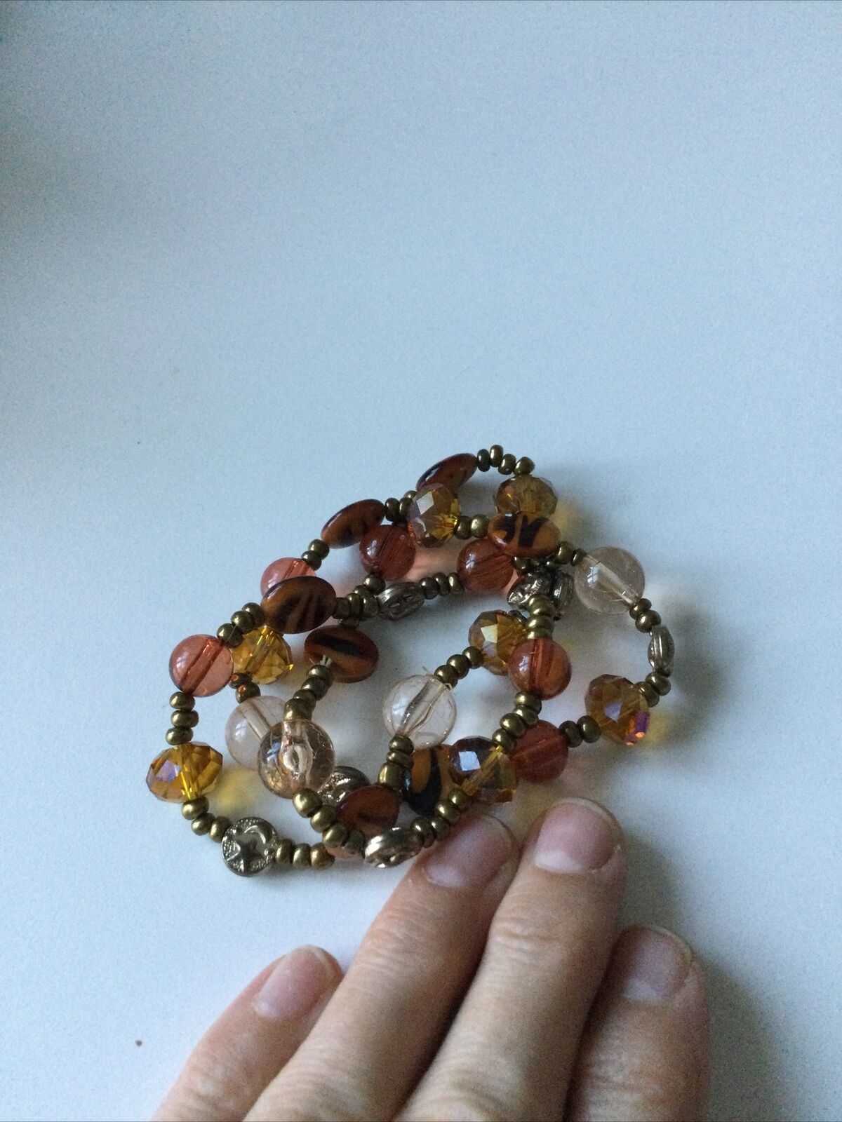 Set Of 3 Costume Expanding Bracelets. Amber And Brown Coloured Glass Beads. Boho