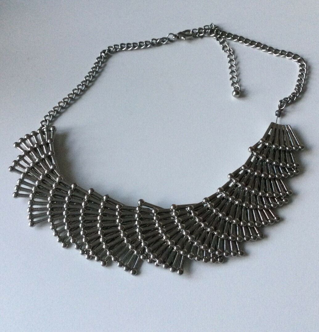 Fancy Silver Colour Collared Necklace. Industrial, Retro, Geometric. Deco. Rock Chick.