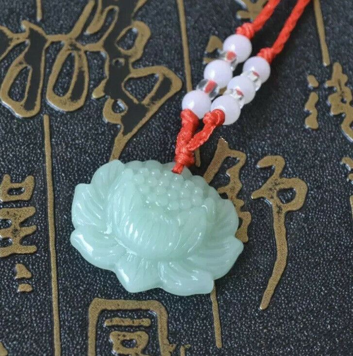 Green Jade Chinese Good Luck Pendant. Green Lotus Flower With Red Beaded Cord.