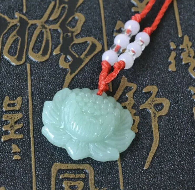 Green Jade Chinese Good Luck Pendant. Green Lotus Flower With Red Beaded Cord.