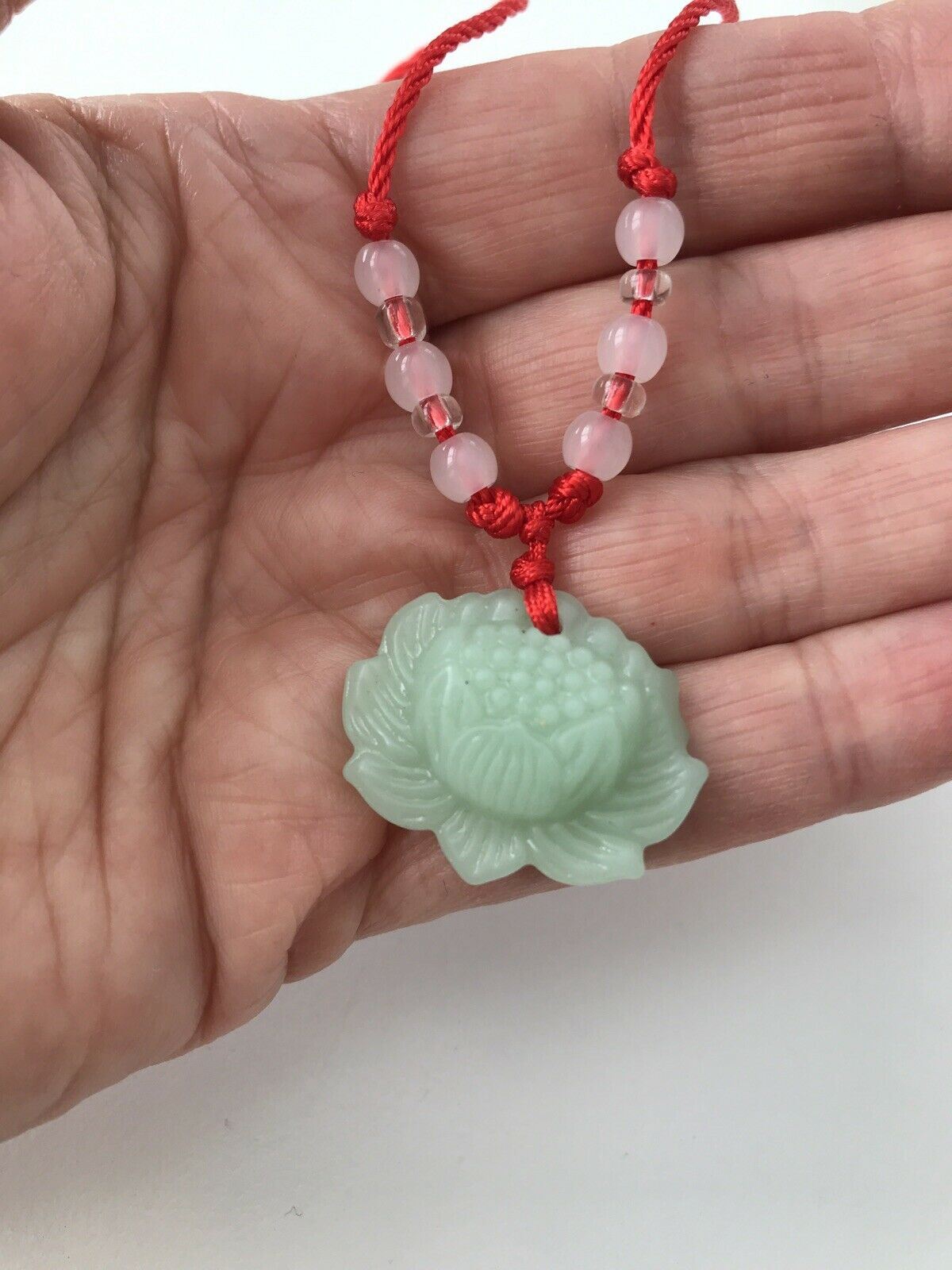 Green Jade Chinese Good Luck Pendant. Green Lotus Flower With Red Beaded Cord.