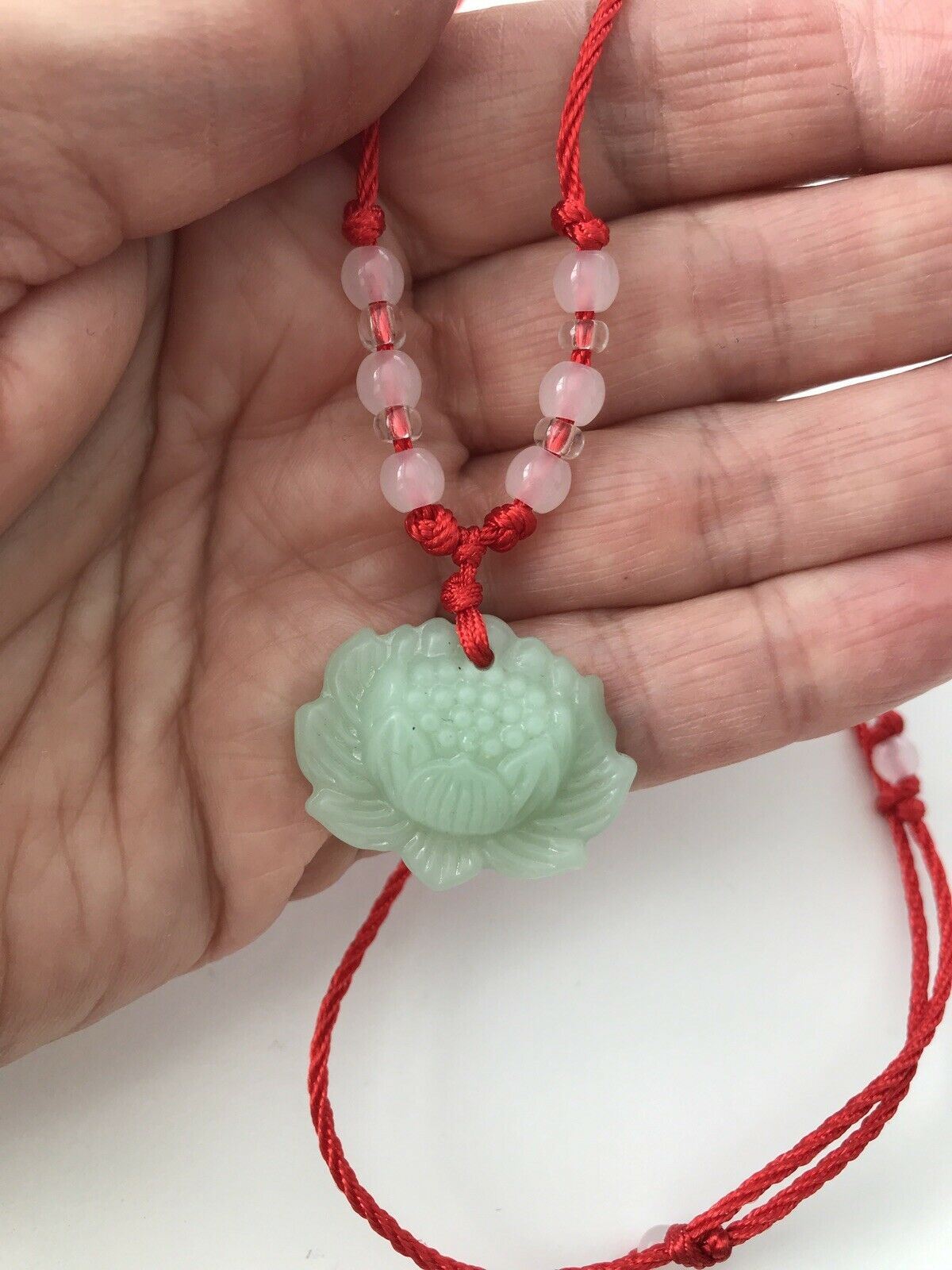 Green Jade Chinese Good Luck Pendant. Green Lotus Flower With Red Beaded Cord.