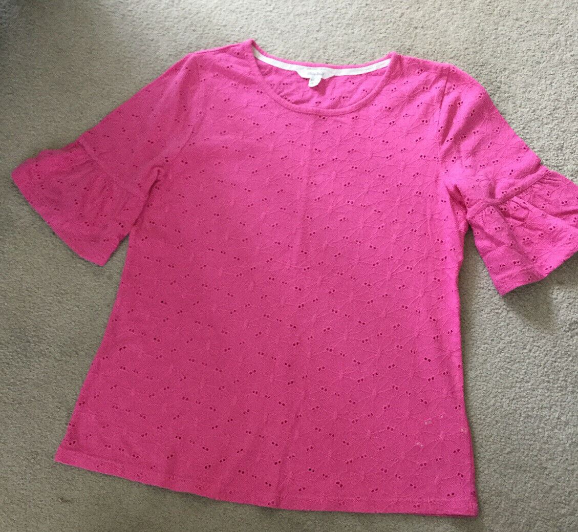 White Stuff Pink Lacy Cotton Knit Top. T Shirt. Size 8. Frill Sleeve. Pretty.