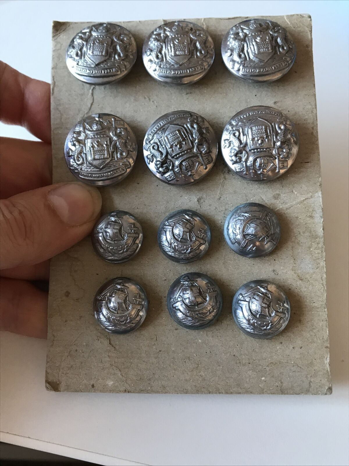 Set Of 12 Vintage Police Uniform Buttons Still On Card. Port Of London. 40s-70s