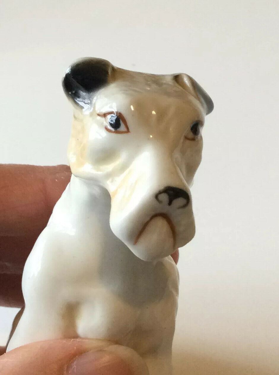 Grumpy Terrier Dog Ornament Figurine Vintage Approx 9cm. Brown Black White Sad