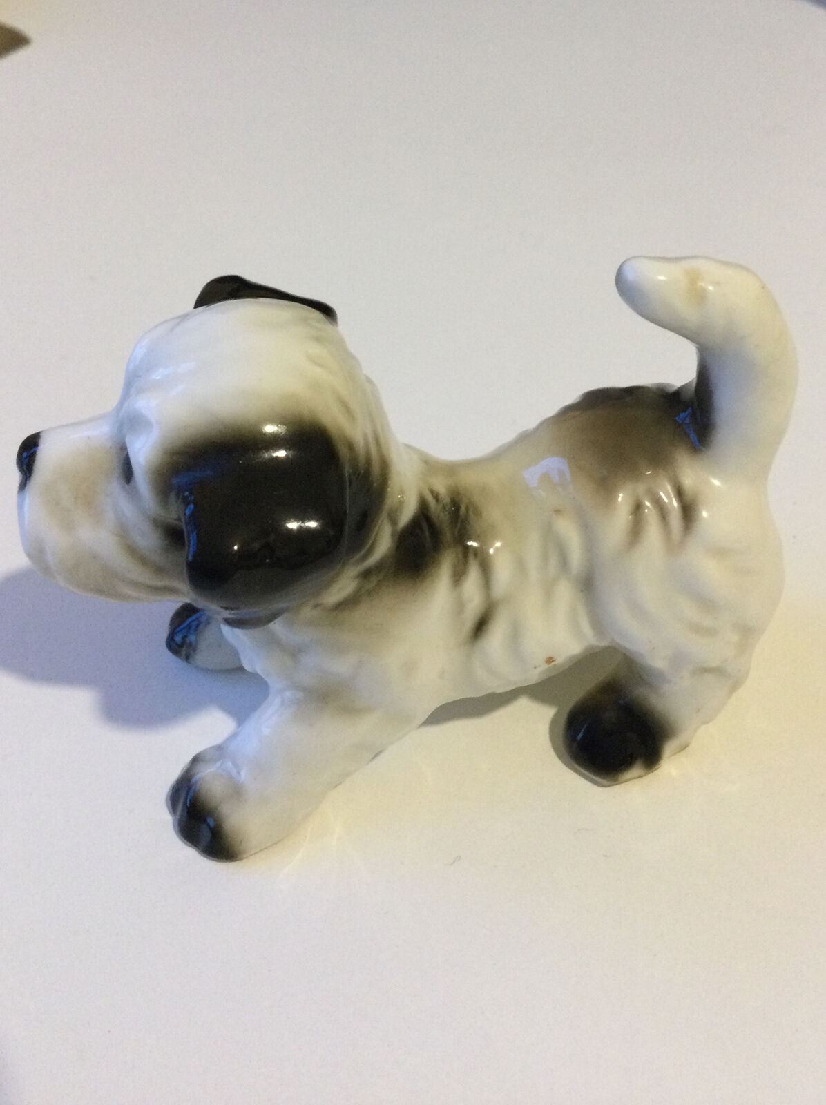 Puppy Ornament Figurine. Black And White Playing. Dog. Cute Vintage Retro 5cm