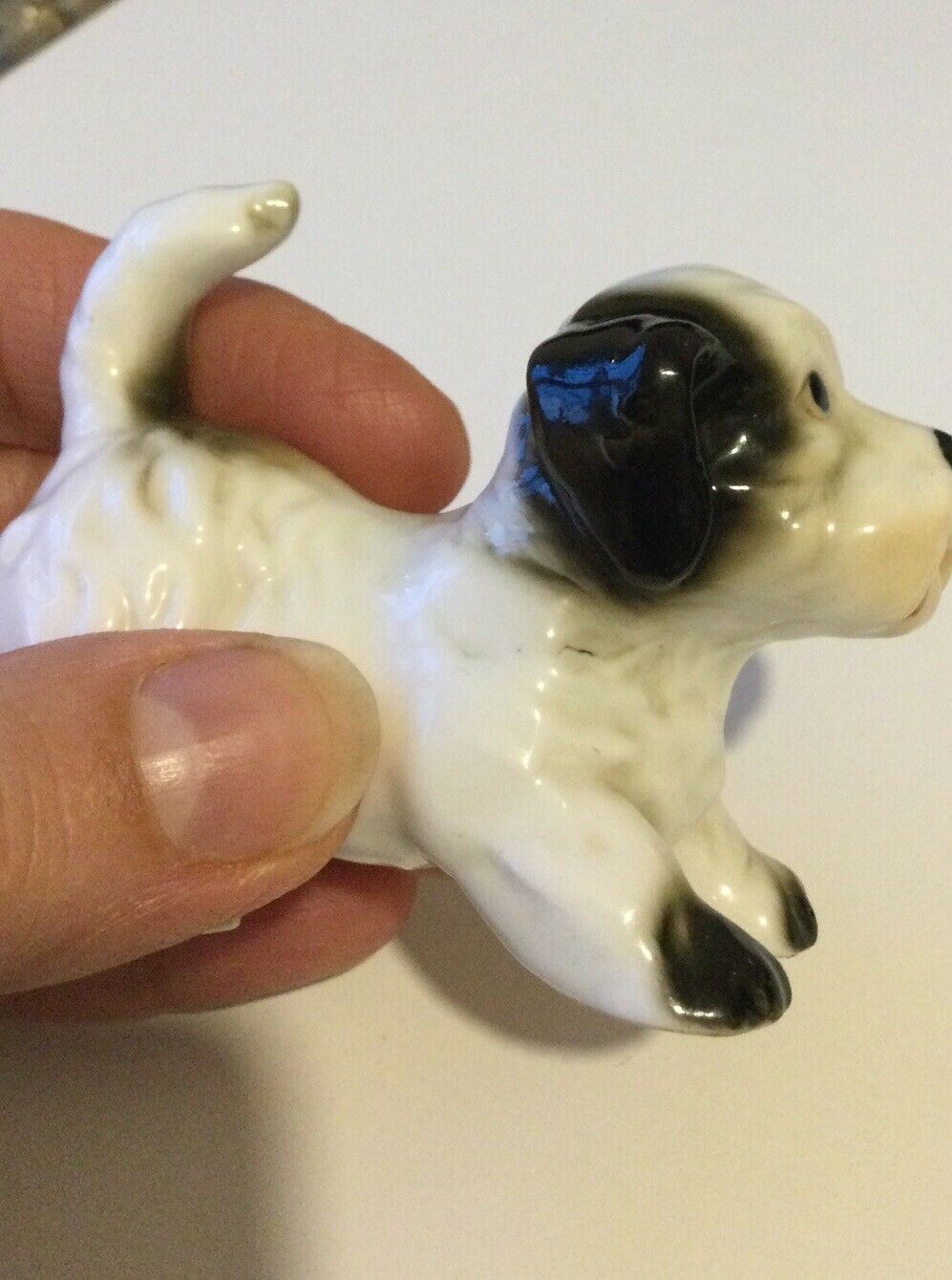 Puppy Ornament Figurine. Black And White Playing. Dog. Cute Vintage Retro 5cm