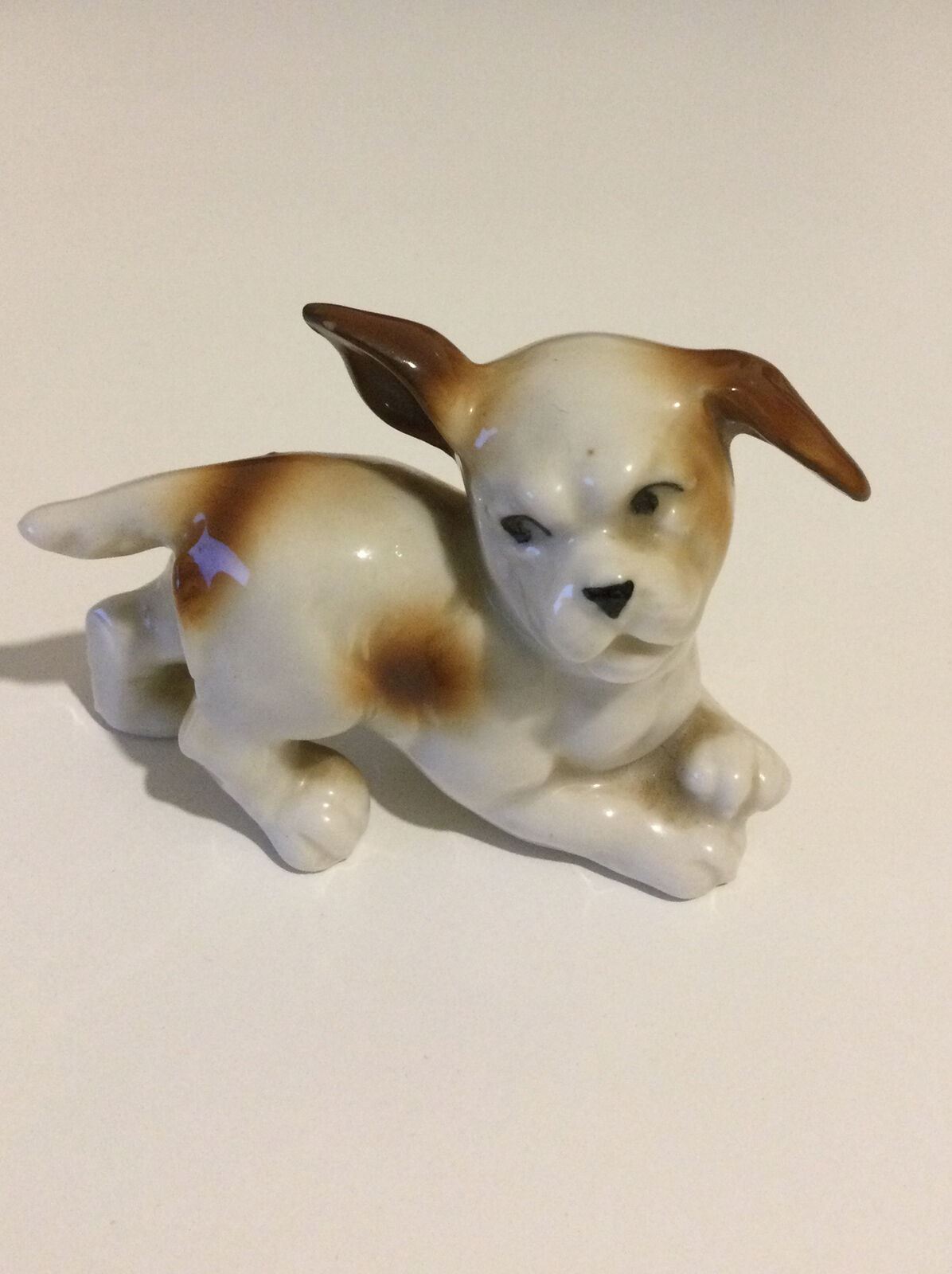 Cute Brown And White Dog Ornament. Pup Playing. Retro. Approx 4.5 Cm. Funny.