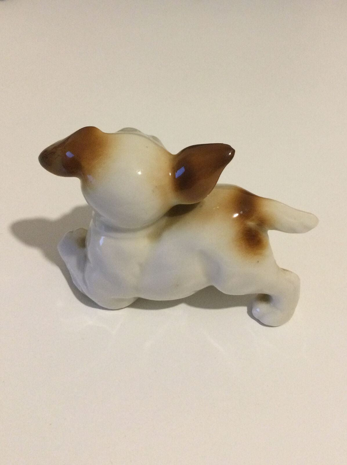 Cute Brown And White Dog Ornament. Pup Playing. Retro. Approx 4.5 Cm. Funny.