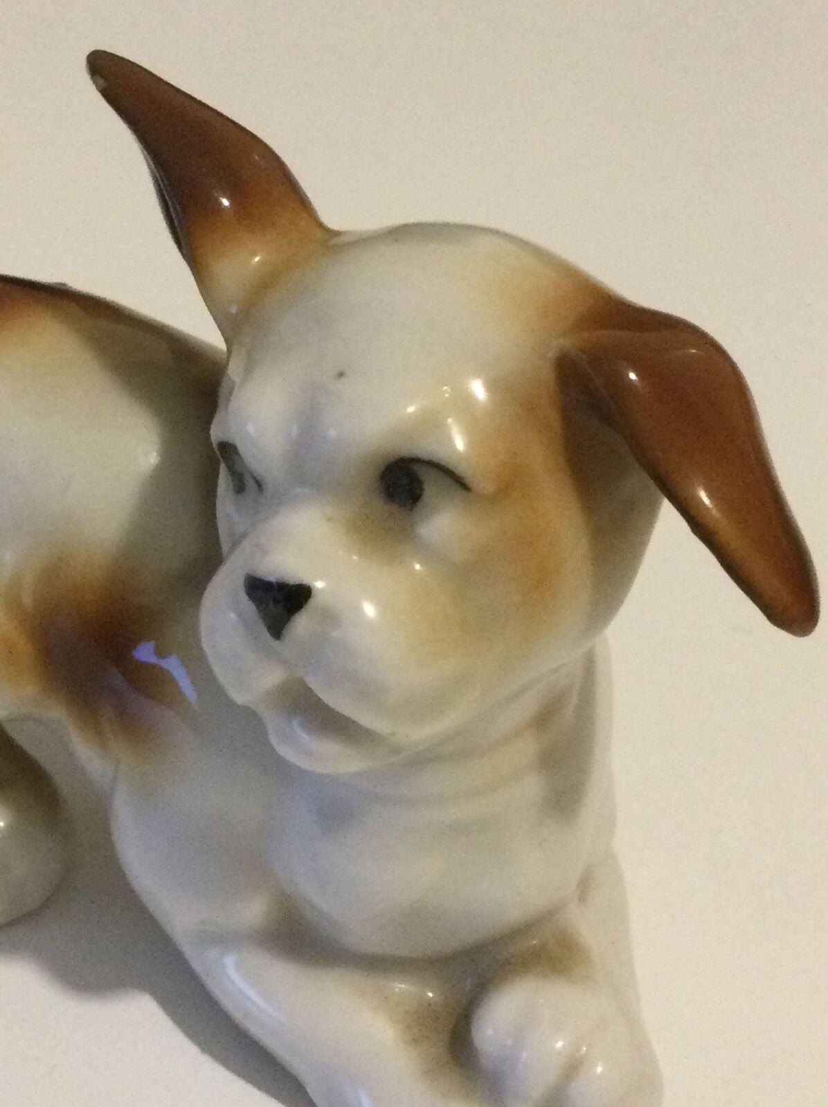 Cute Brown And White Dog Ornament. Pup Playing. Retro. Approx 4.5 Cm. Funny.