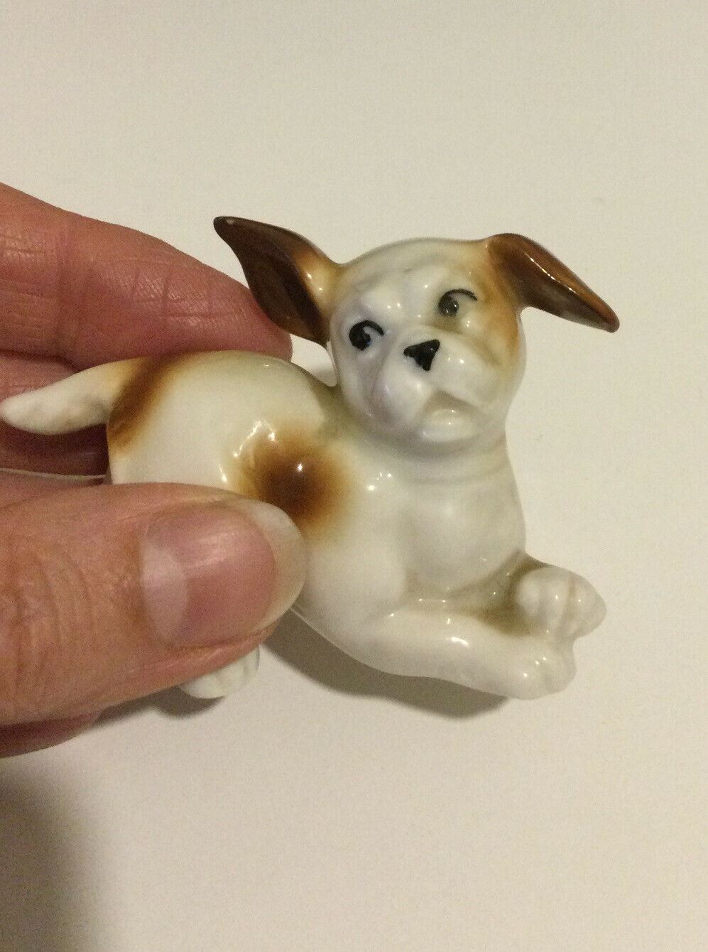 Cute Brown And White Dog Ornament. Pup Playing. Retro. Approx 4.5 Cm. Funny.