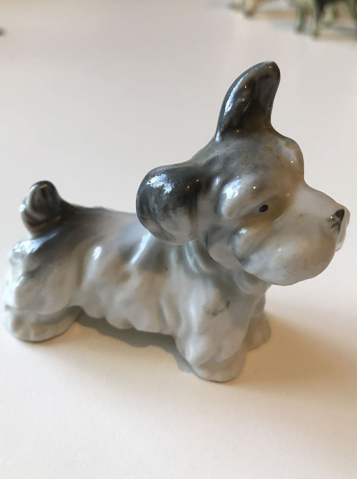 Cute Little Grey And White Terrier Dog Ornament Figurine. Ear Cocked. 6.5cm High