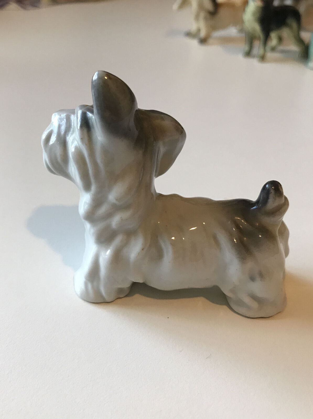 Cute Little Grey And White Terrier Dog Ornament Figurine. Ear Cocked. 6.5cm High