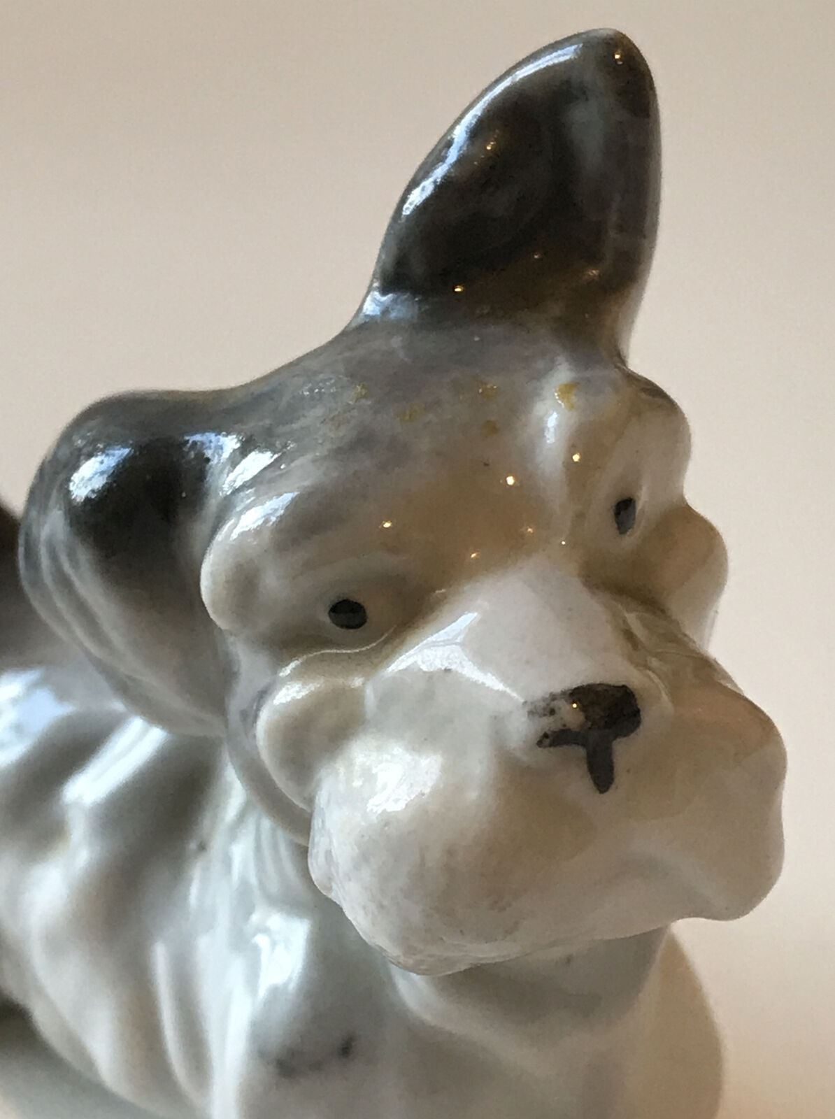 Cute Little Grey And White Terrier Dog Ornament Figurine. Ear Cocked. 6.5cm High