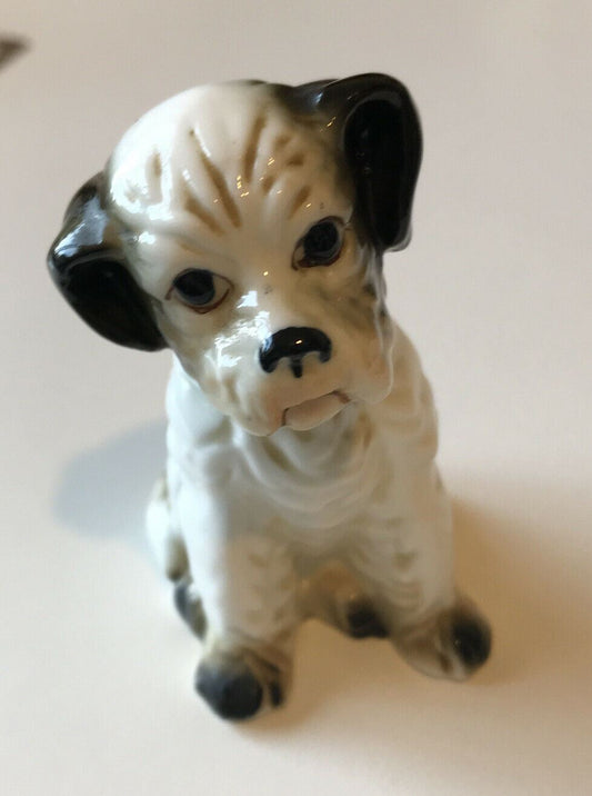 Cute Blck And White Puppy Ornament Figurine. Sitting. 7cm High. Little Glum Face