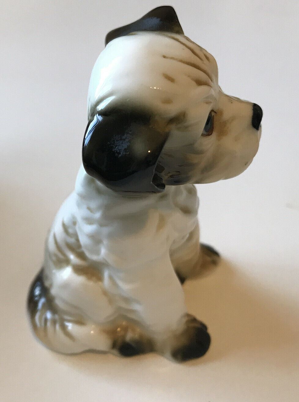 Cute Blck And White Puppy Ornament Figurine. Sitting. 7cm High. Little Glum Face