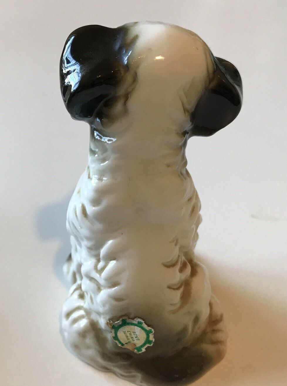 Cute Blck And White Puppy Ornament Figurine. Sitting. 7cm High. Little Glum Face