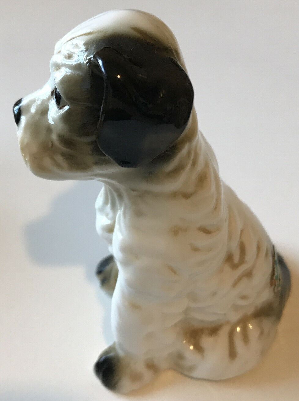 Cute Blck And White Puppy Ornament Figurine. Sitting. 7cm High. Little Glum Face