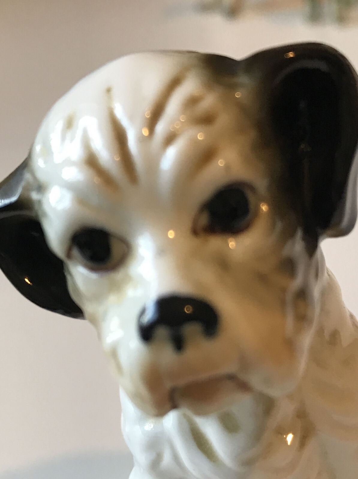 Cute Blck And White Puppy Ornament Figurine. Sitting. 7cm High. Little Glum Face