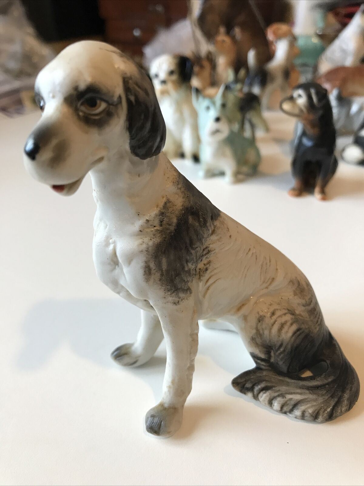 Spaniel Dog Black And White Ornament Figurine. Sitting. 10.5 Cm .