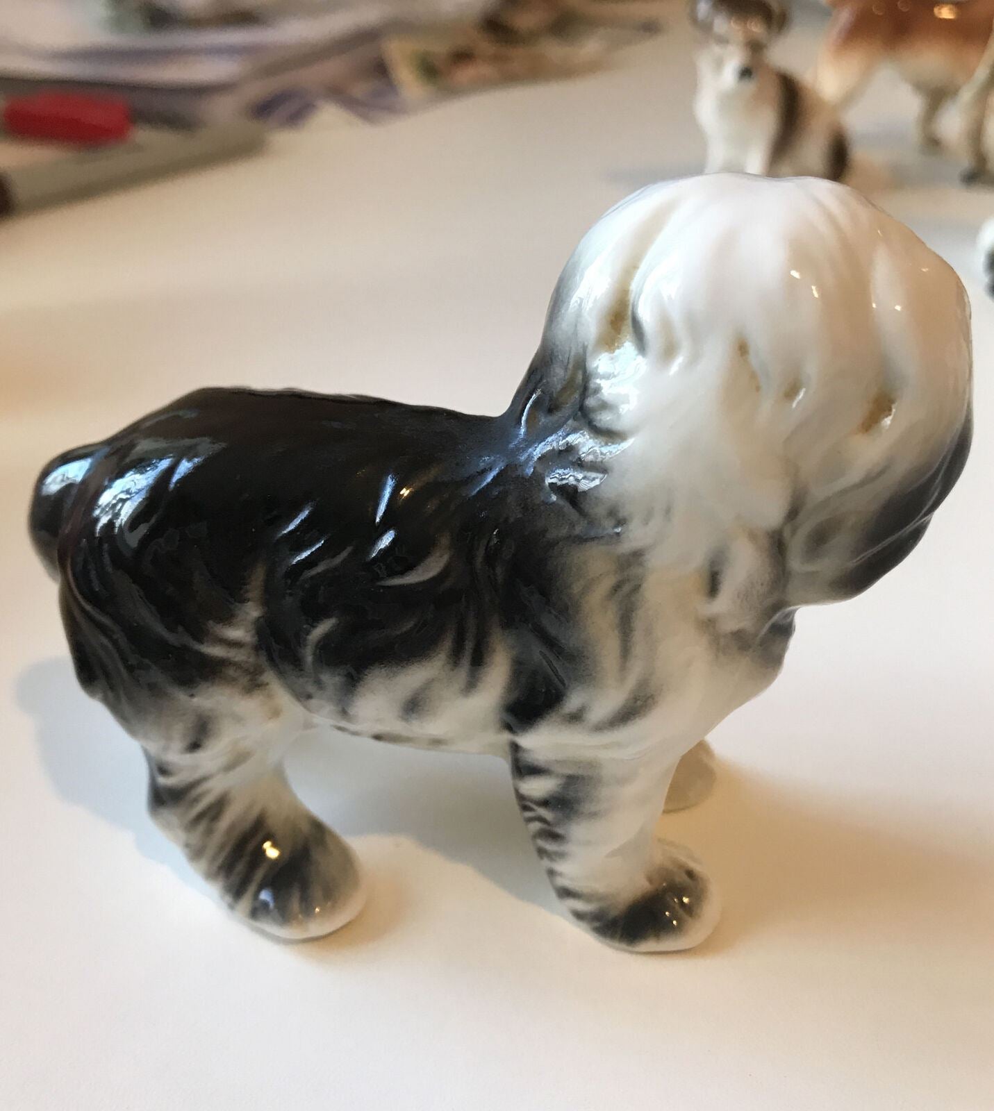 Cute Dog Ornament. Hair In Eyes Black And White. Floppy Ears. Approx 7cm. Shaggy