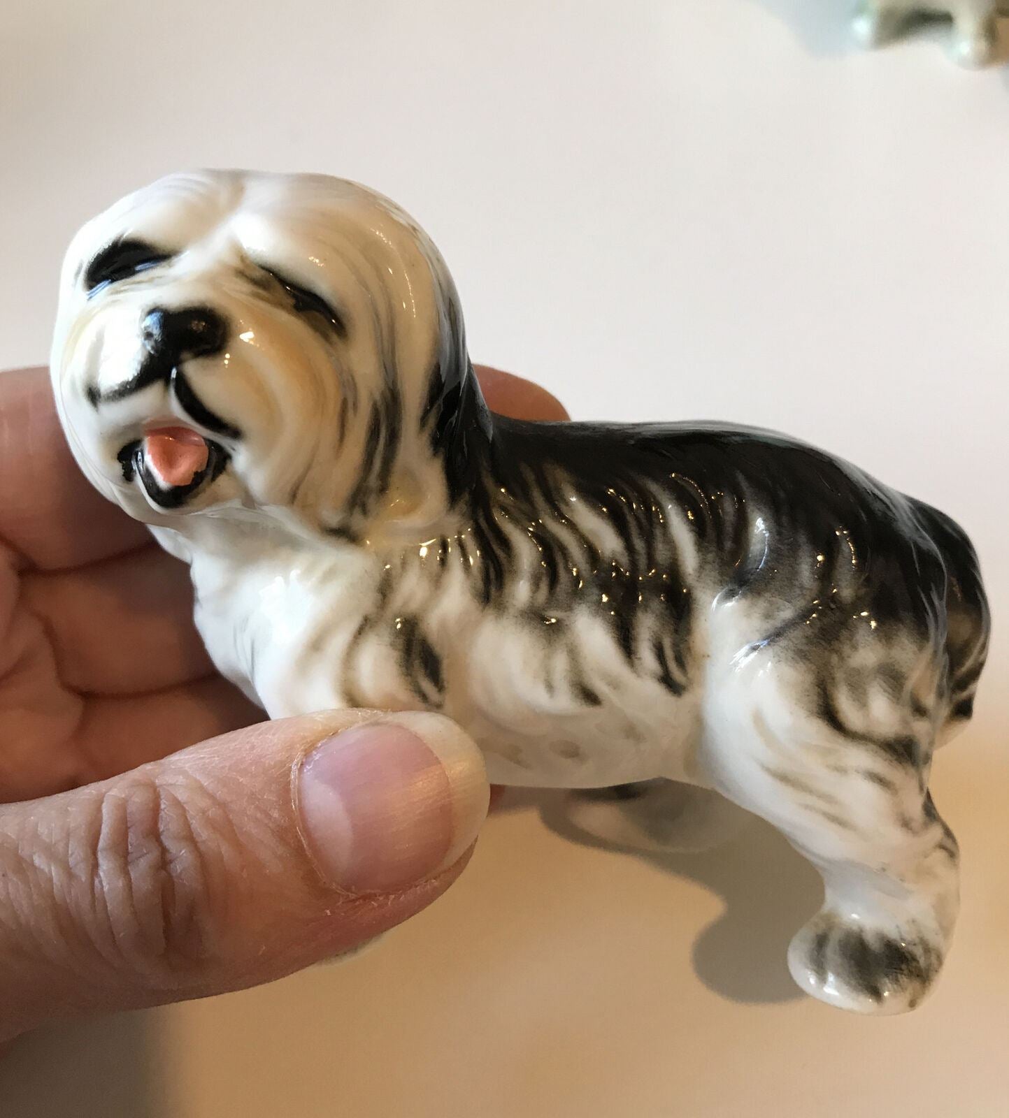 Cute Dog Ornament. Hair In Eyes Black And White. Floppy Ears. Approx 7cm. Shaggy