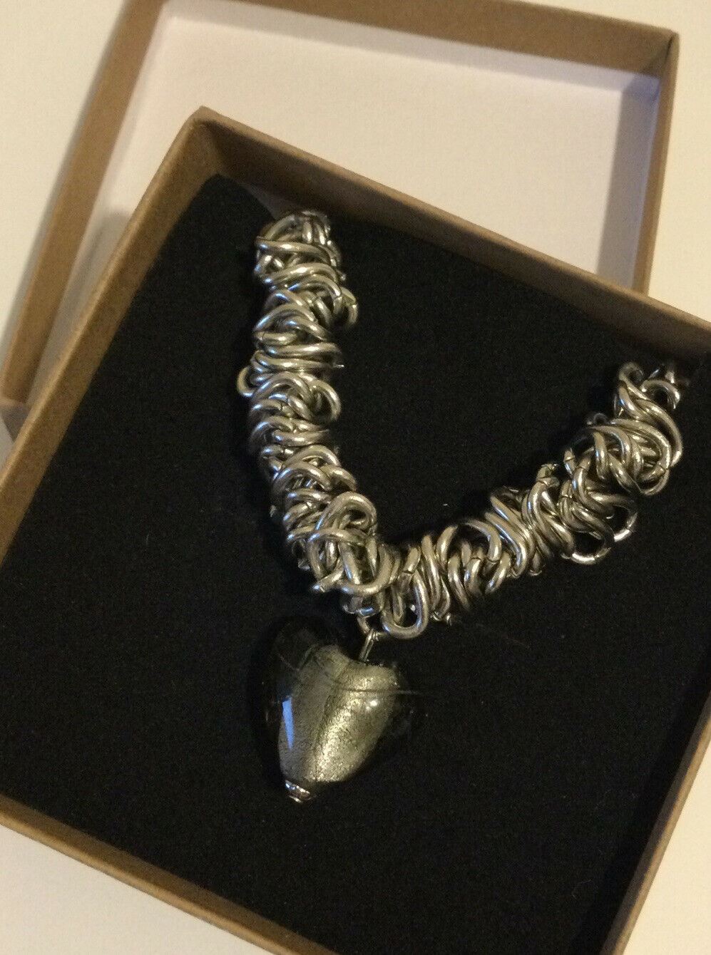 Heart Bead Bracelet. Silver Tone. Expanding. With Grey Glass Bead Great gift