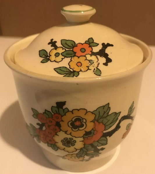 Vintage Art Deco Small Preserve Jar / Mustard Pot With Lid. Floral Cheerful Staffordshire Pottery 1930s