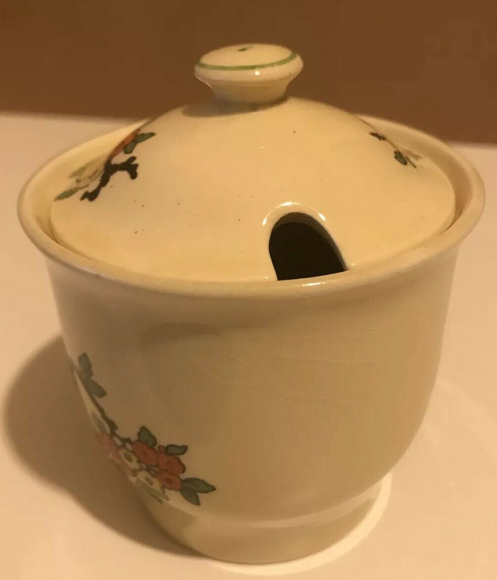 Vintage Art Deco Small Preserve Jar / Mustard Pot With Lid. Floral Cheerful Staffordshire Pottery 1930s