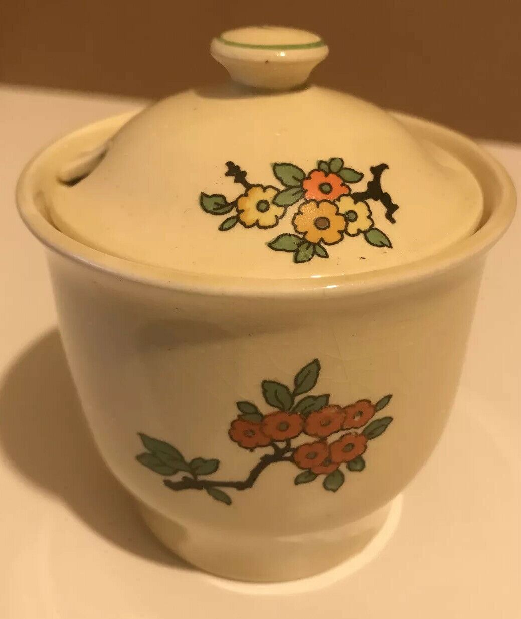 Vintage Art Deco Small Preserve Jar / Mustard Pot With Lid. Floral Cheerful Staffordshire Pottery 1930s