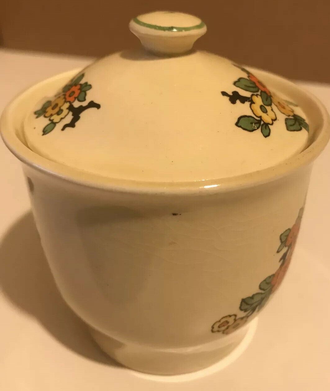 Vintage Art Deco Small Preserve Jar / Mustard Pot With Lid. Floral Cheerful Staffordshire Pottery 1930s