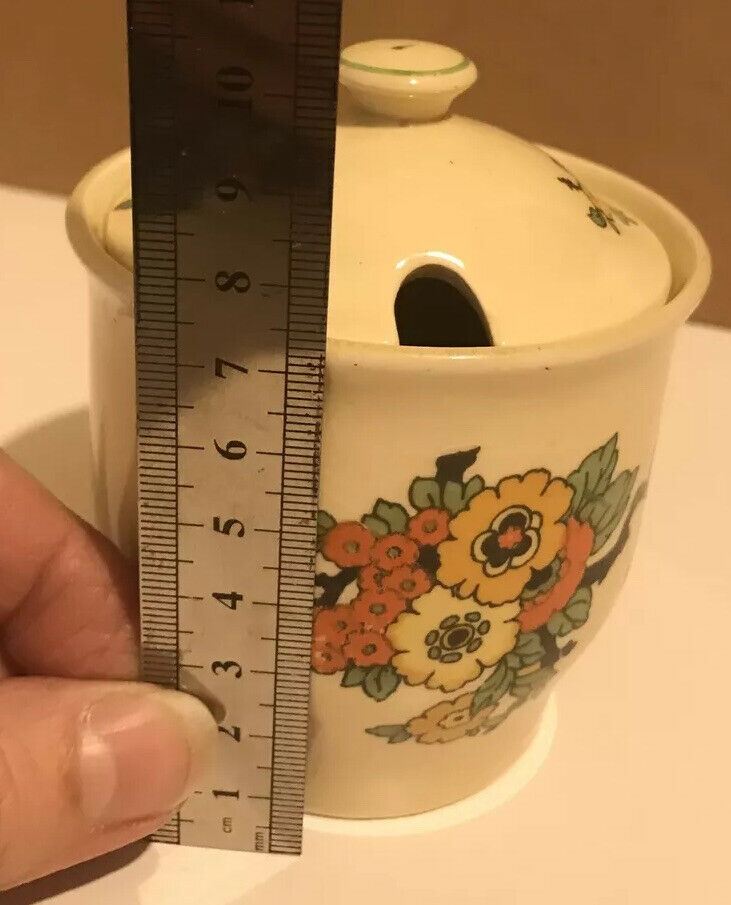 Vintage Art Deco Small Preserve Jar / Mustard Pot With Lid. Floral Cheerful Staffordshire Pottery 1930s