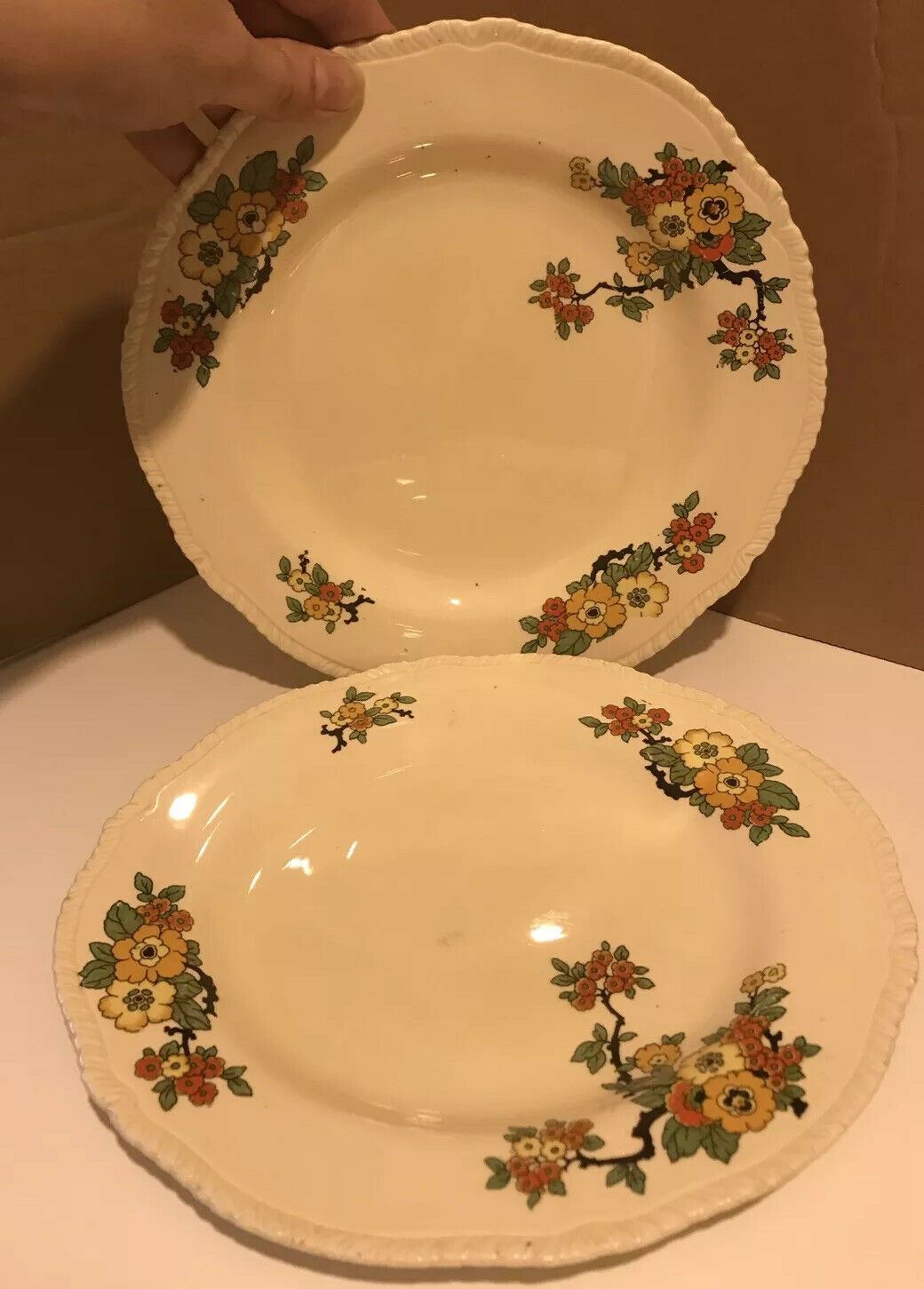 Vintage Art Deco Cake / Dessert / Starter  Plates x 2 Floral Orange Yellow Black Cheerful  Stafford 1930s