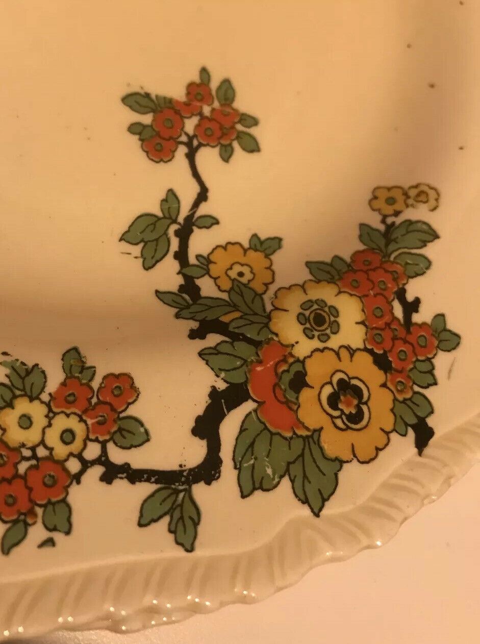 Vintage Art Deco Cake / Dessert / Starter  Plates x 2 Floral Orange Yellow Black Cheerful  Stafford 1930s