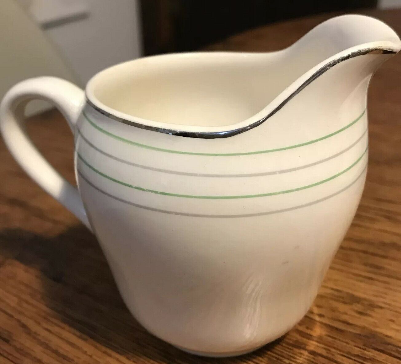 Vintage Retro Midwinter Small Jug. Cream With Green And Gold Stripes. Creamer 1940s 1950s Post War