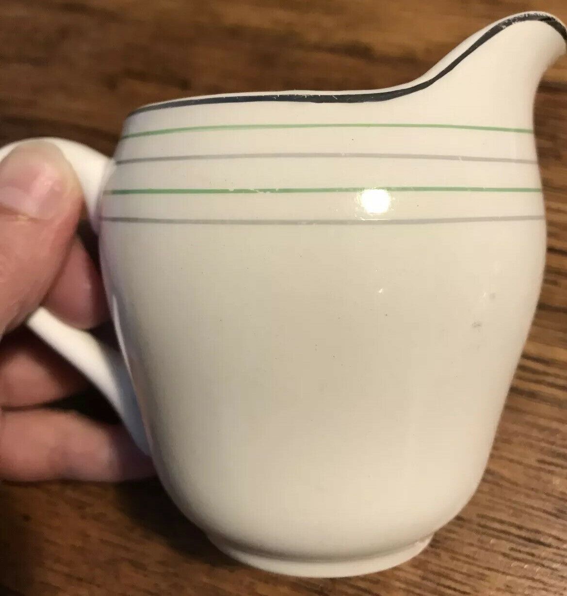 Vintage Retro Midwinter Small Jug. Cream With Green And Gold Stripes. Creamer 1940s 1950s Post War