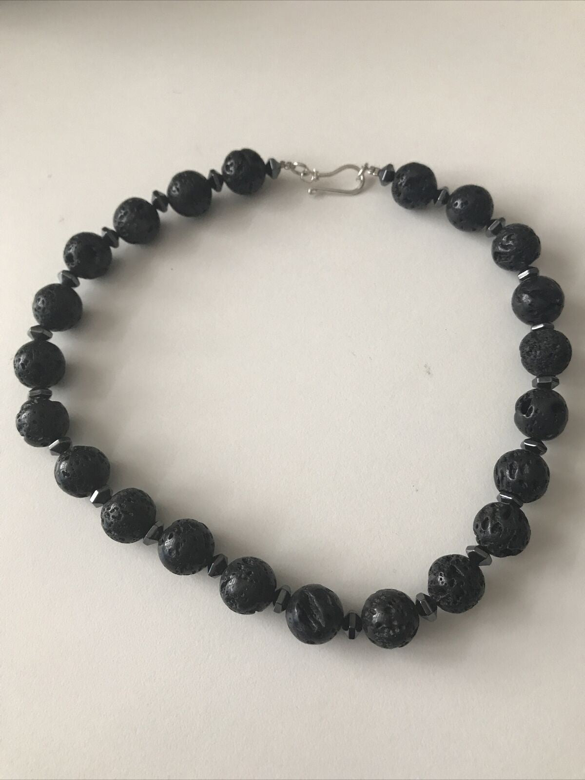 Handmade Black Lava Bead Necklace. With Hematite. New. 15” Choker Size. Simple, boho