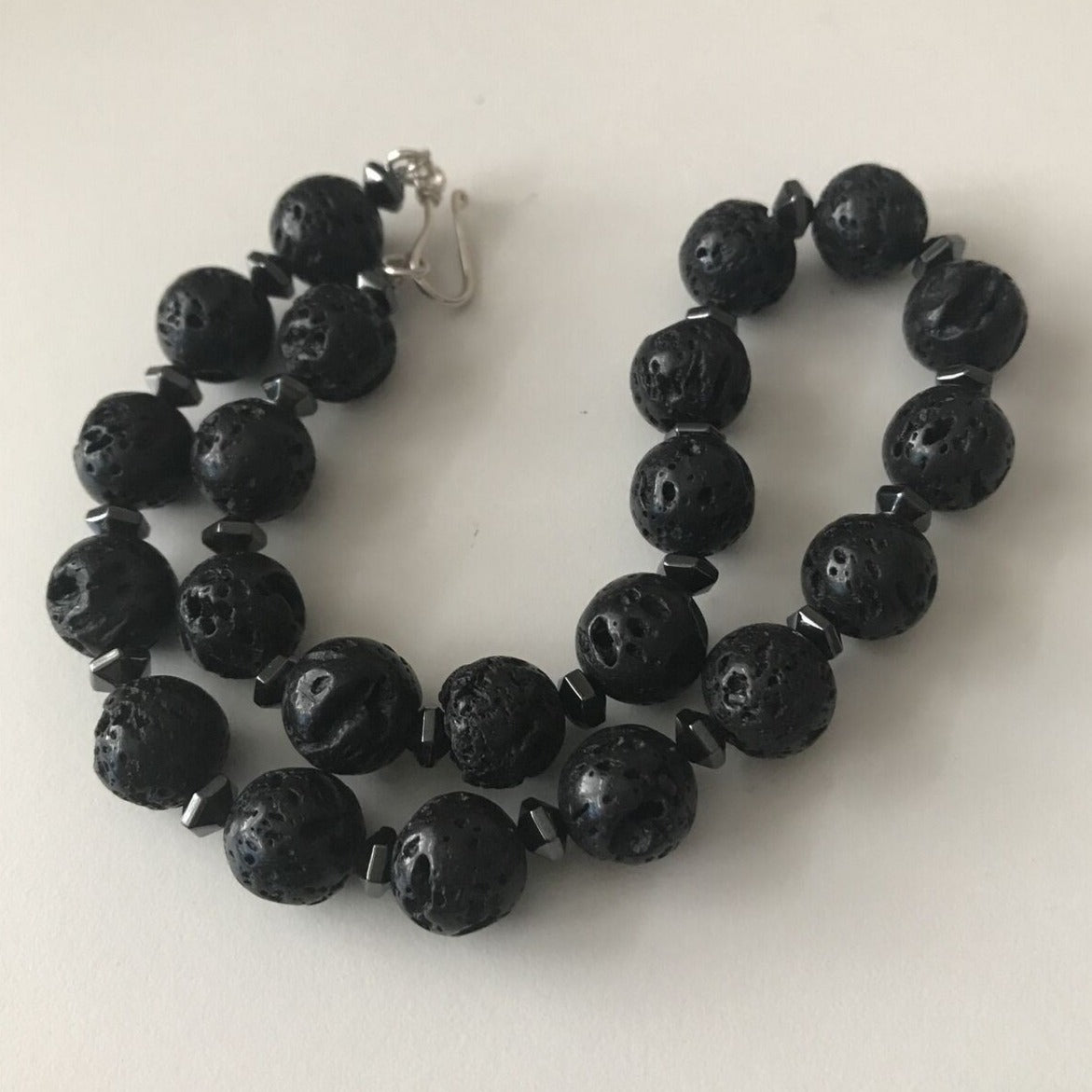 Handmade Black Lava Bead Necklace. With Hematite. New. 15” Choker Size. Simple, boho