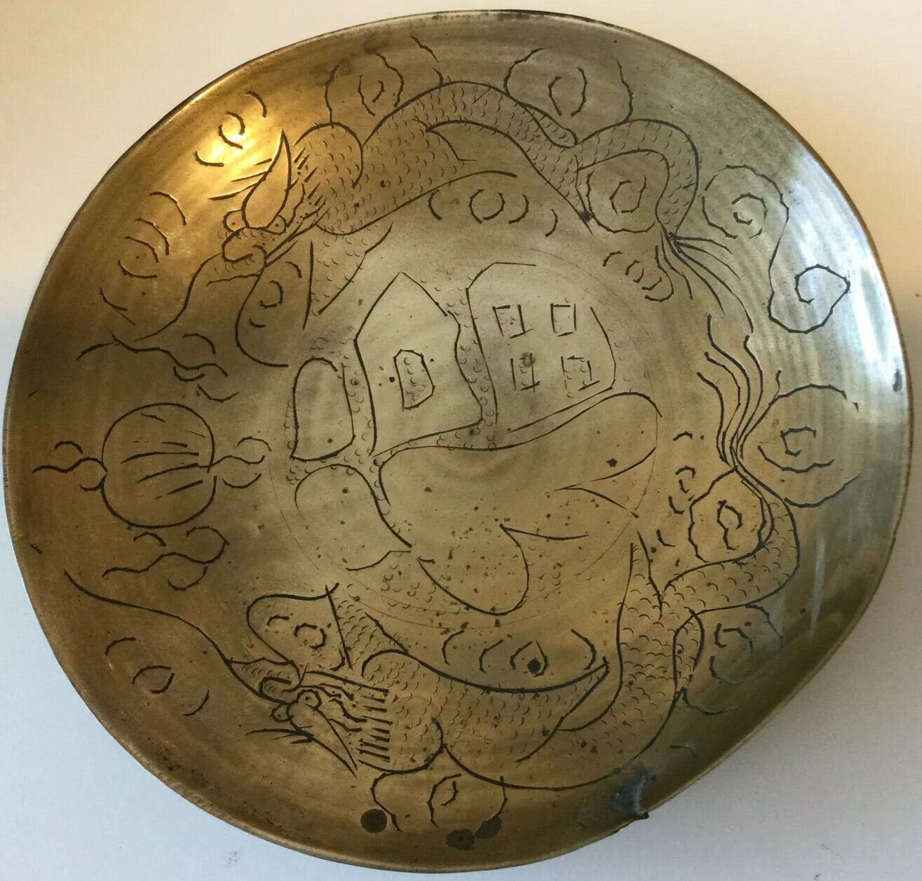 Brass Shallow Bowl Dish. Hand Engraved. 7” Diameter. Artisan. Scenic Design