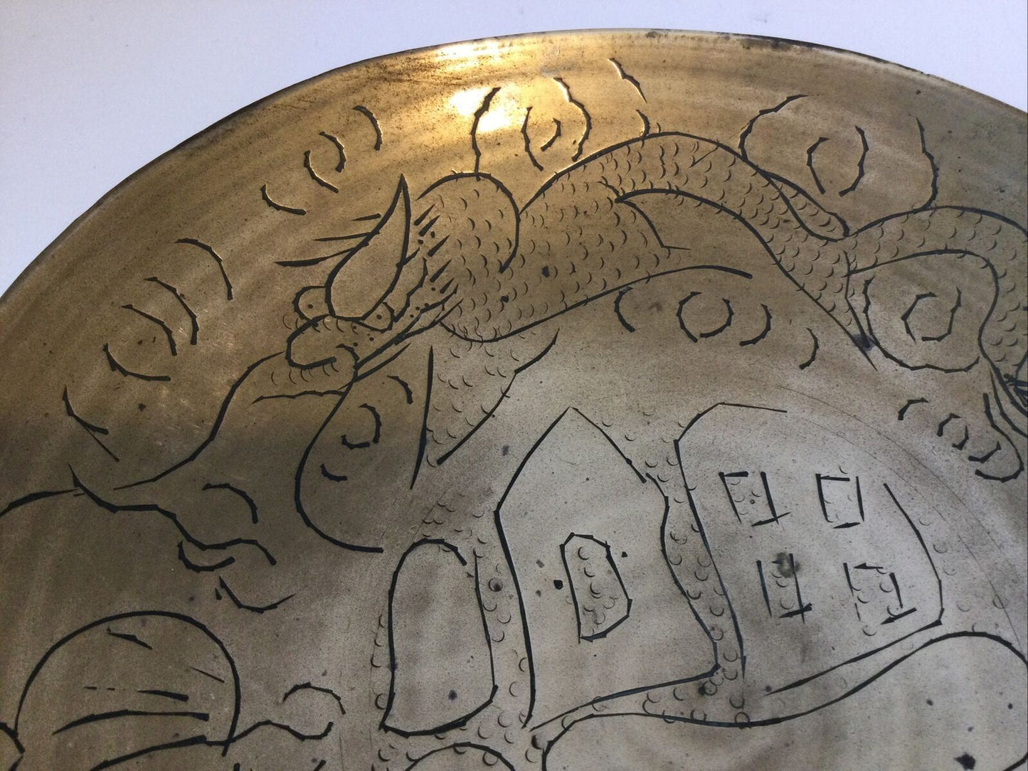 Brass Shallow Bowl Dish. Hand Engraved. 7” Diameter. Artisan. Scenic Design