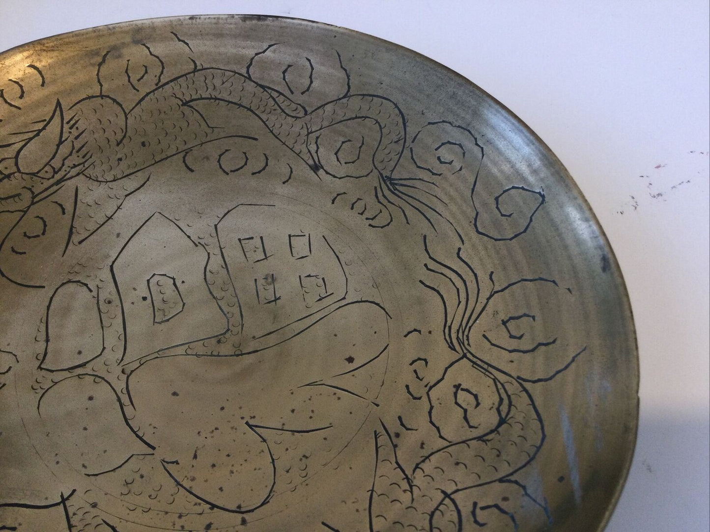 Brass Shallow Bowl Dish. Hand Engraved. 7” Diameter. Artisan. Scenic Design