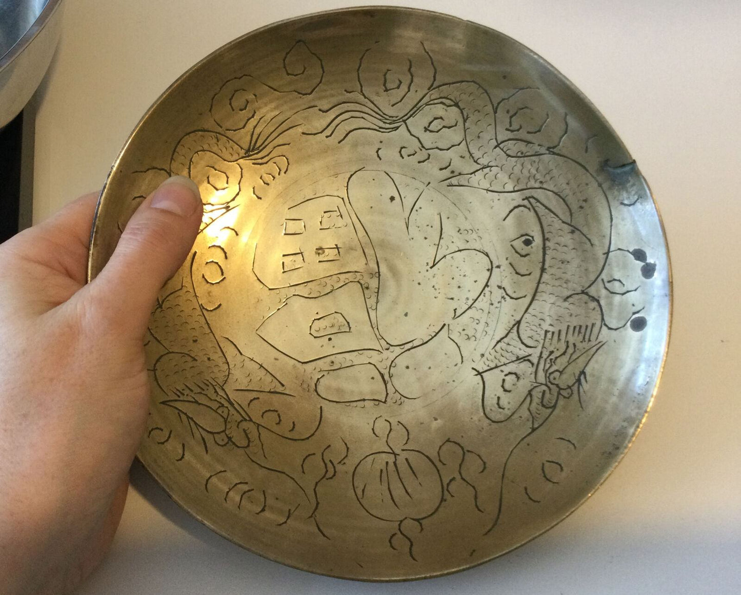 Brass Shallow Bowl Dish. Hand Engraved. 7” Diameter. Artisan. Scenic Design