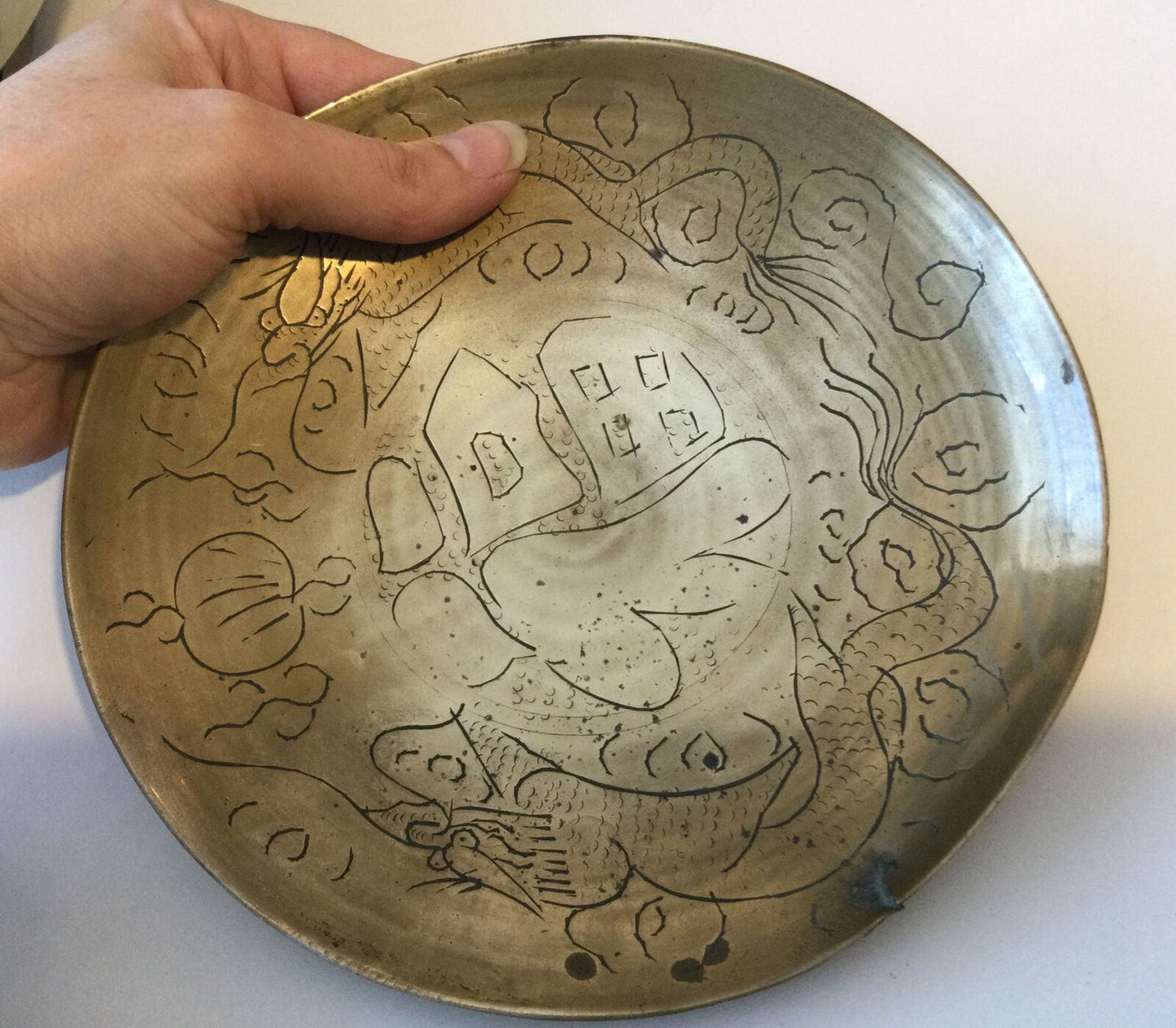 Brass Shallow Bowl Dish. Hand Engraved. 7” Diameter. Artisan. Scenic Design