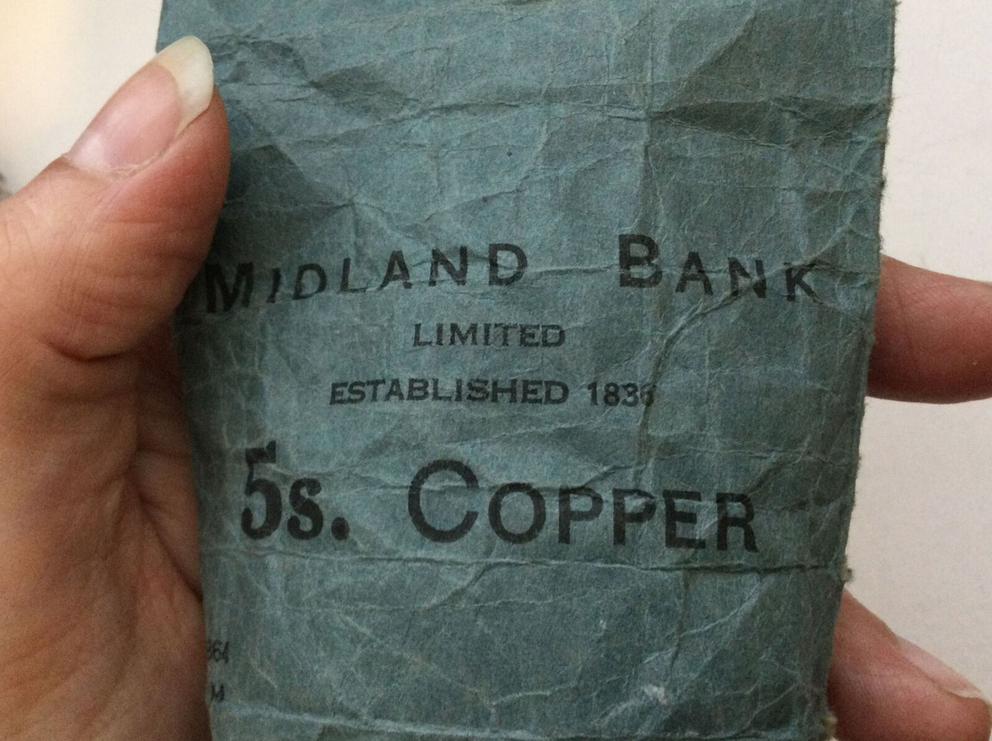 Vintage Bank Coin Paper Bag. Midland Bank. 5s Copper. 5 Shillings. Blue.