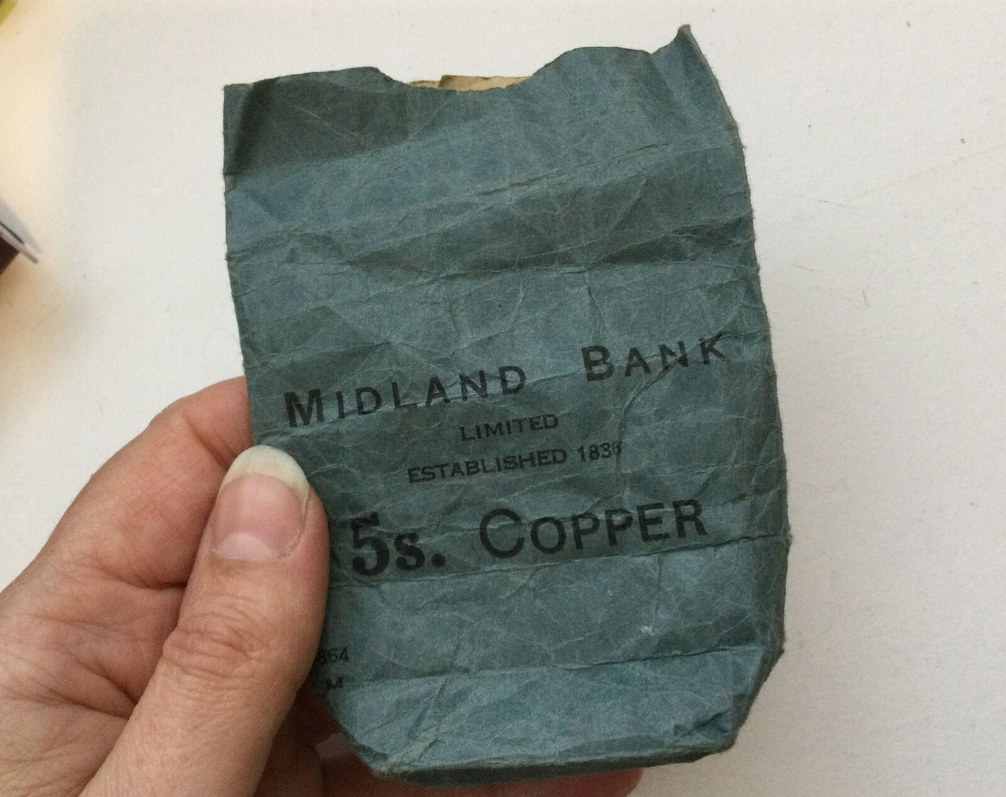 Vintage Bank Coin Paper Bag. Midland Bank. 5s Copper. 5 Shillings. Blue.