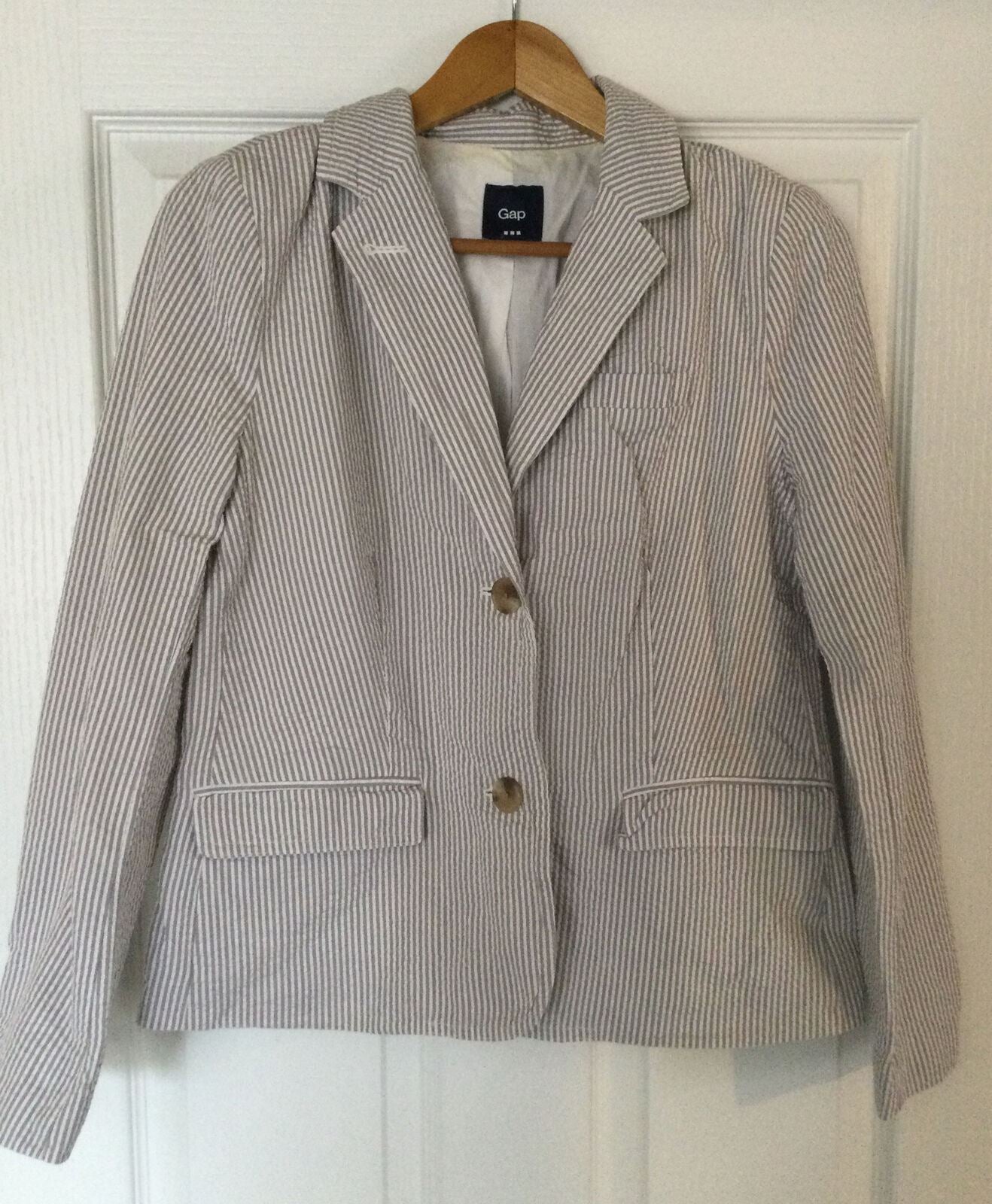 Gap Jacket Blazer Size 8 Brown White Stripes Lightweight Seersucker Fabric