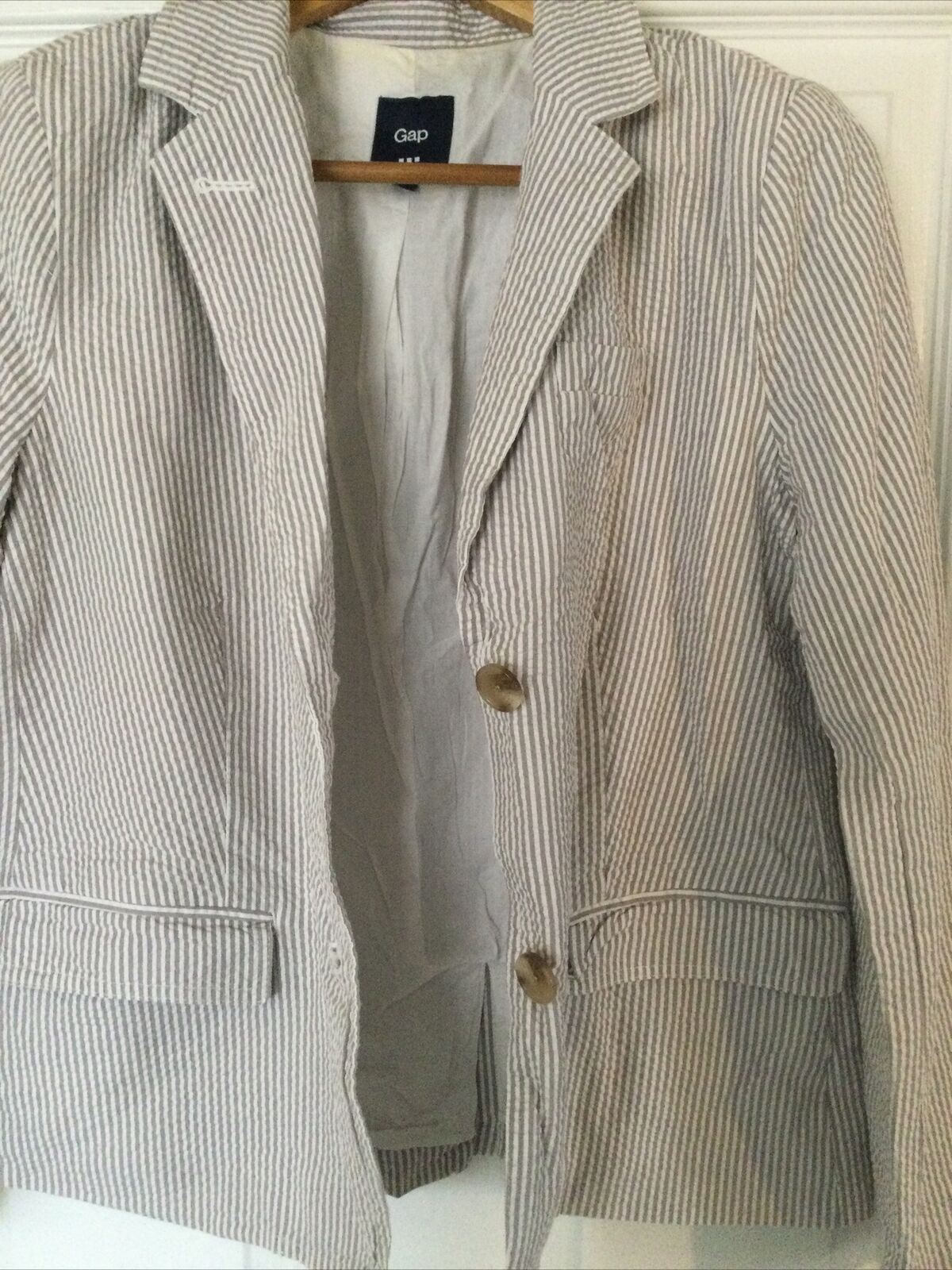 Gap Jacket Blazer Size 8 Brown White Stripes Lightweight Seersucker Fabric