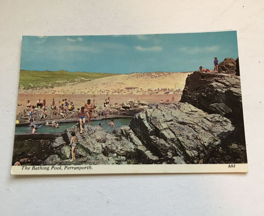 Vintage Colour Postcard The Bathing Pool Perranporth. A8J.  Cornwall Beach retro