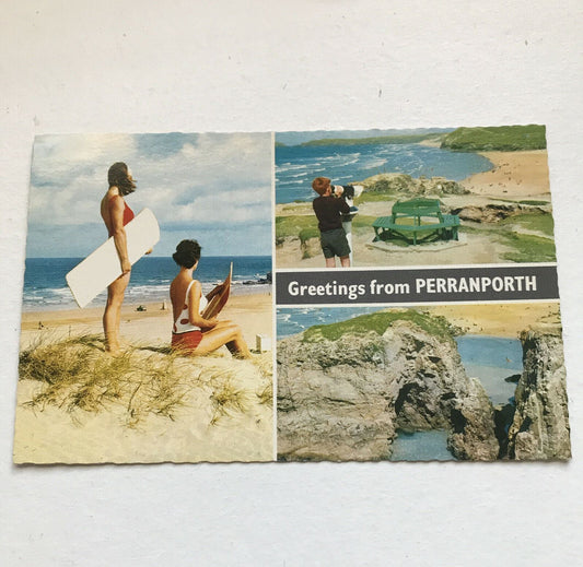 Vintage Postcard Greetings From Perranporth. Beach Cliffs Summer Holidays